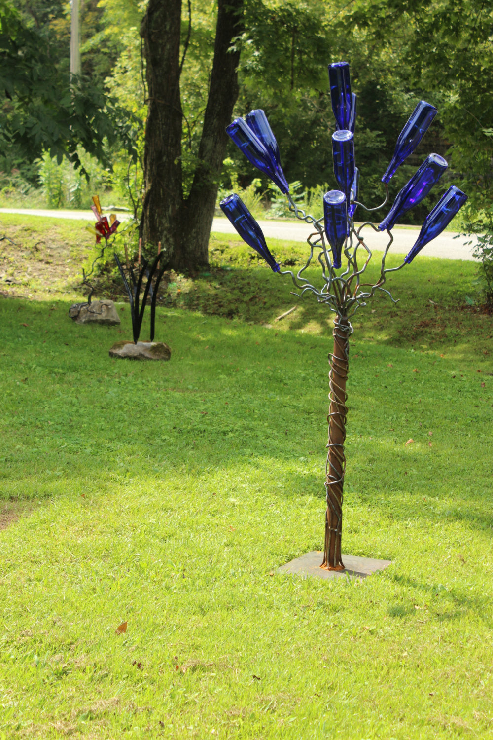 Blue Wine Bottle Tree, Outdoor Metal Sculpture, Blacksmith Metal Art ...