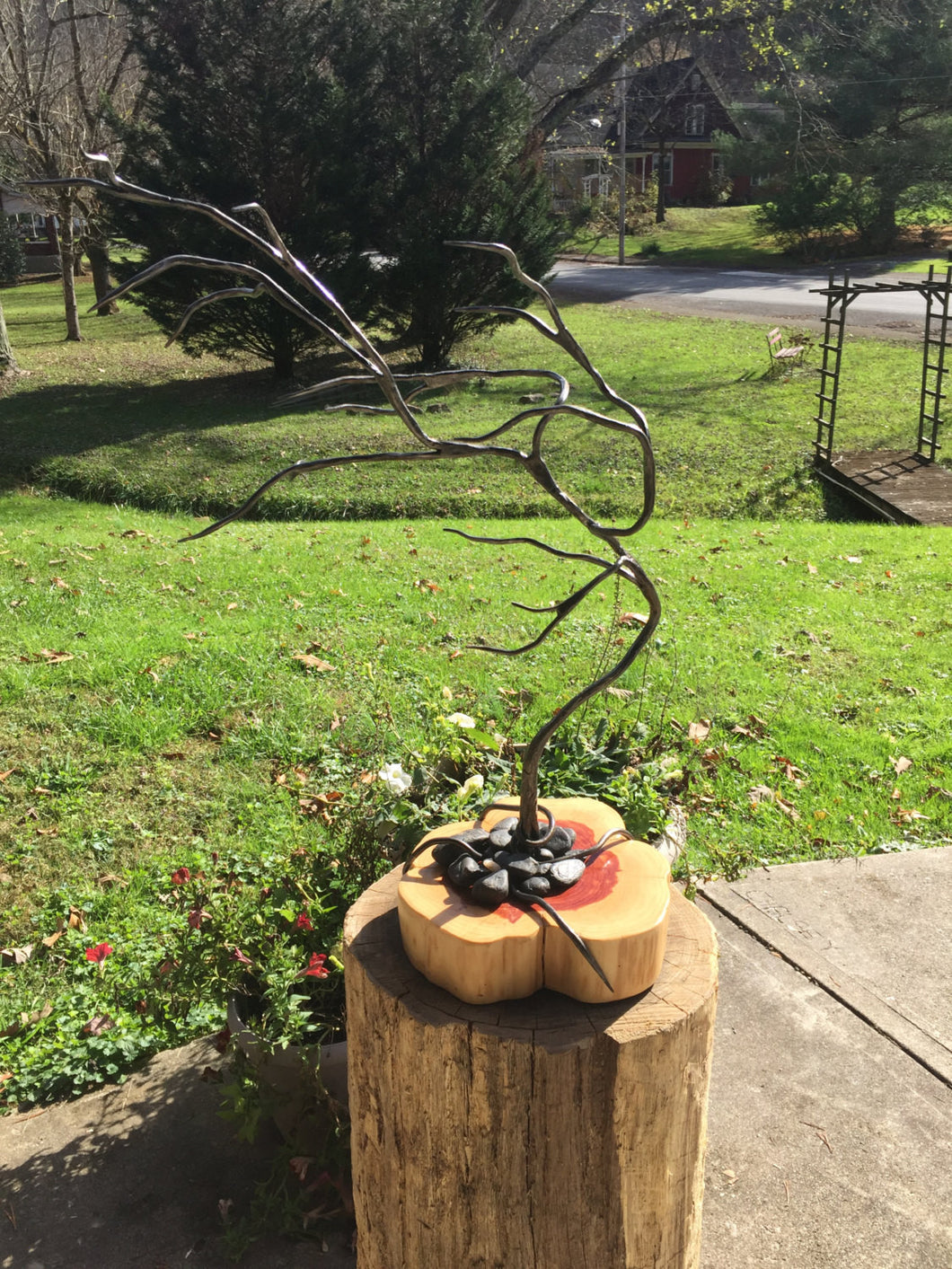 bonsai tree holder Bonsai Metal Tree Sculpture with Cedar Base, Blacksmith Metal Art by Ryan Schmidt – Mitty's Metal Art